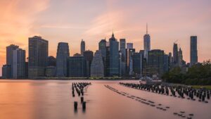 new york city skyline waterfront view at sunset