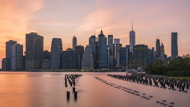 new york city skyline waterfront view at sunset